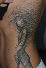 侧肋黑灰可爱的女孩纹身图案