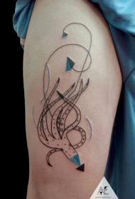 腿部彩色简约线条三角章鱼纹身图片