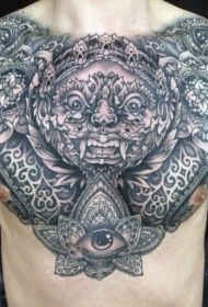 胸部和肩膀黑灰装饰花卉和幻想龙纹身图案