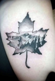 腿部黑灰自然场景枫叶纹身图案