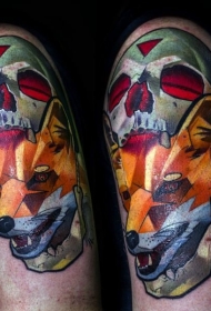 肩部彩色几何狐狸纹身图案