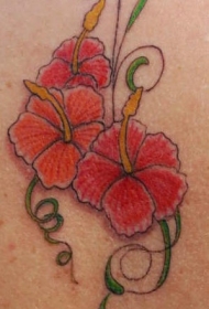女性腰侧彩色芙蓉花纹身图案