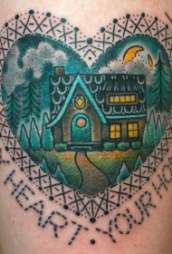 腿部彩色心形房屋纹身图案