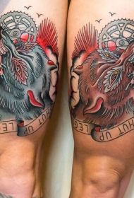 腿部老学校风格彩色狼狗纹身图片