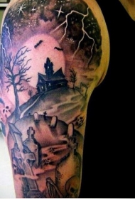 肩部墓地和蝙蝠可怕的神秘教堂纹身图案