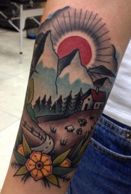 手臂old school乡村风景和花朵纹身图案