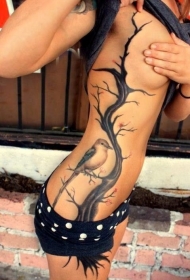 侧肋上的黑色树和鸟纹身图案
