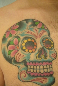 花卉骷髅胸部纹身图案