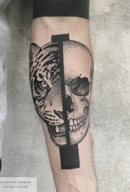 点刺风格黑色半骷髅半虎纹身图案