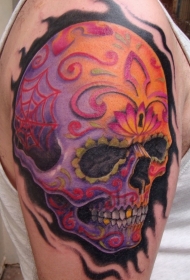 肩部彩色sugar骷髅纹身图案