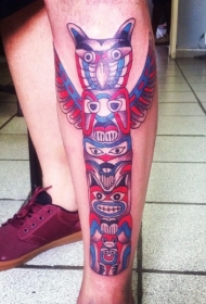 腿部彩色大部落雕像纹身图案