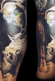 腿部彩色现实的空间主题纹身图片