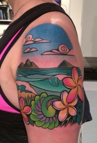 大臂简单的海岸风景与各种花卉纹身图案