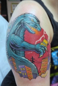 大臂彩色的卡通哥斯拉纹身图案