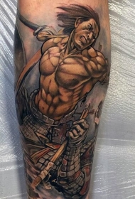 腿部漫画风格彩色战士纹身图片
