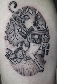 黑色点刺卡通小女孩与猴子玩乐纹身图案