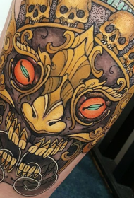 腿部新传统风格的彩色恶魔面具纹身