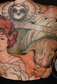 背部old school女人与猫头鹰彩绘纹身图案