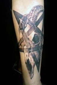 写实风格黑色山羊头骨与星星纹身图案