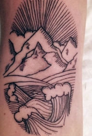 简单的黑色线条山脉与浪花纹身图案