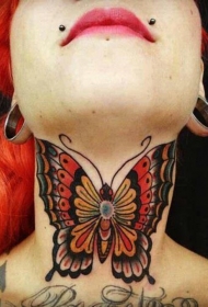 颈部水墨画蝴蝶纹身图案