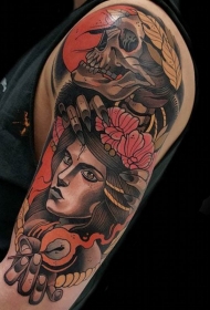 肩部old school彩色神秘女人纹身图片
