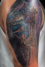 肩部彩色插画风格色的骷髅纹身