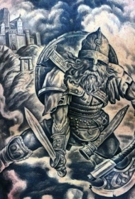 大型的中世纪战士与城堡背部纹身图案