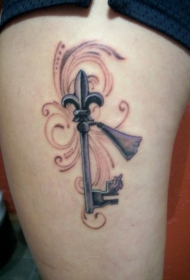 大腿百合花纹章钥匙纹身图案