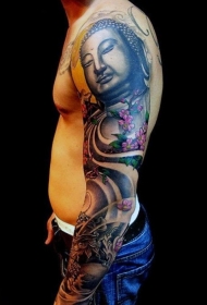 手臂宗教风格如来佛祖和粉红色的花朵纹身图案
