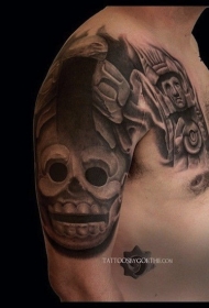 半甲大型石雕风格黑白雕塑纹身图案