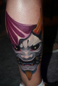 小腿新传统风格彩色般若与牛角纹身图案