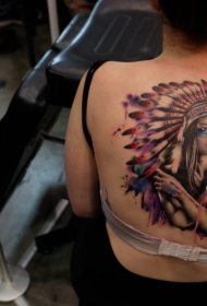 背部插画风格的彩色印度女人纹身图案