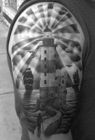肩部黑灰大灯塔与船舶纹身图案