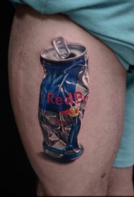 大腿写实风格彩色破裂易拉罐纹身图案