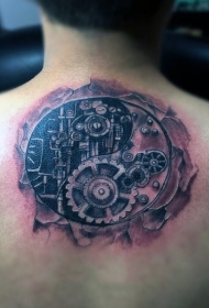 背部圆形黑色机械阴阳八卦纹身图案