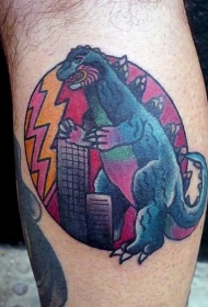 小腿卡通彩色哥斯拉纹身图案