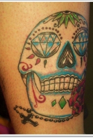 腿上简单的彩色糖骷髅纹身图片