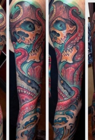肩部黑灰色章鱼骷髅纹身图案