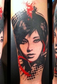 手臂new school彩色女人肖像纹身图案