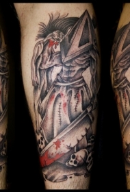腿部彩色血腥的剑和骷髅纹身图片