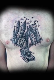 胸部old school黑白城堡纹身图案