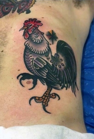 腰部卡通彩色打公鸡纹身图案