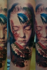 腿部恐怖风格彩色可怕的女孩纹身