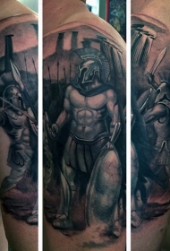 大臂华丽的黑色古希腊勇士纹身图案