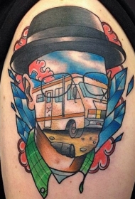 彩色人脸轮廓与公交车结合纹身图案