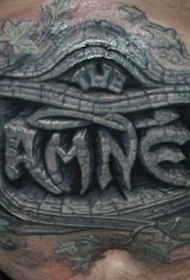 腹部彩色3D幻想石雕字母纹身图案