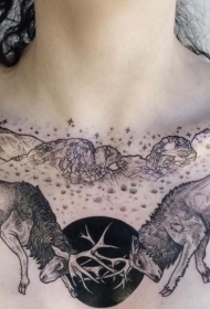 胸部雕刻风格黑色战斗鹿和山脉纹身图案