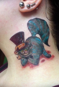 颈部卡通柴郡猫纹身图案