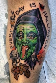 腿部插画风格彩色女巫纹身图案
